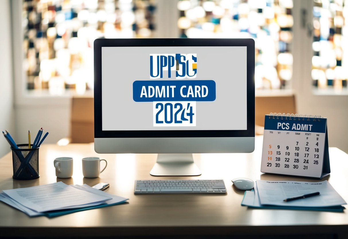 A desk with a computer screen displaying "UPPSC PCS Admit Card 2024," surrounded by papers and a calendar showing the new preliminary exam date