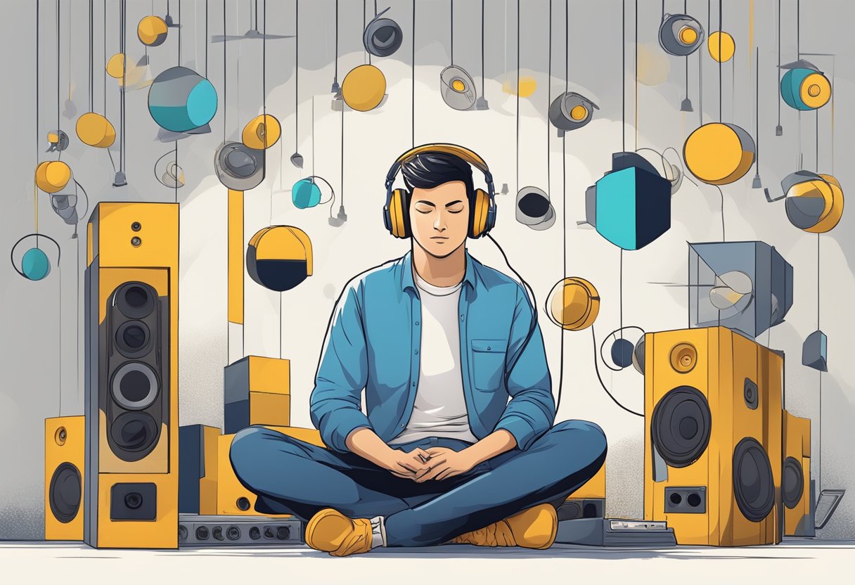 A person sitting in a quiet room, surrounded by loud speakers, headphones, and construction noise