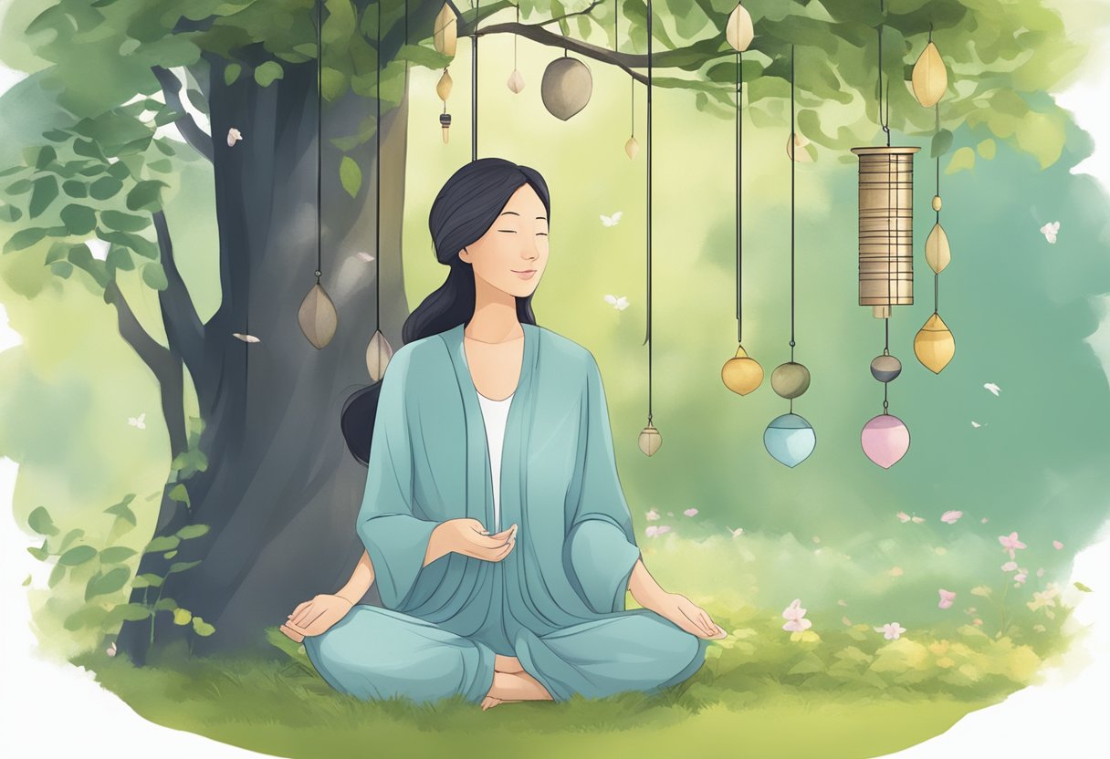 A serene figure sitting in a peaceful garden, surrounded by calming sounds of nature and gentle wind chimes