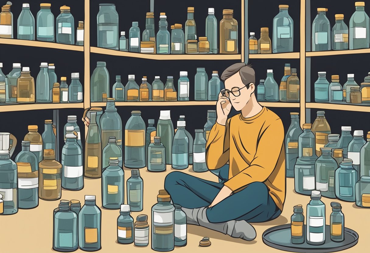 A person sitting in a quiet room, cupping their ears in frustration while surrounded by various bottles and containers of conventional tinnitus treatments