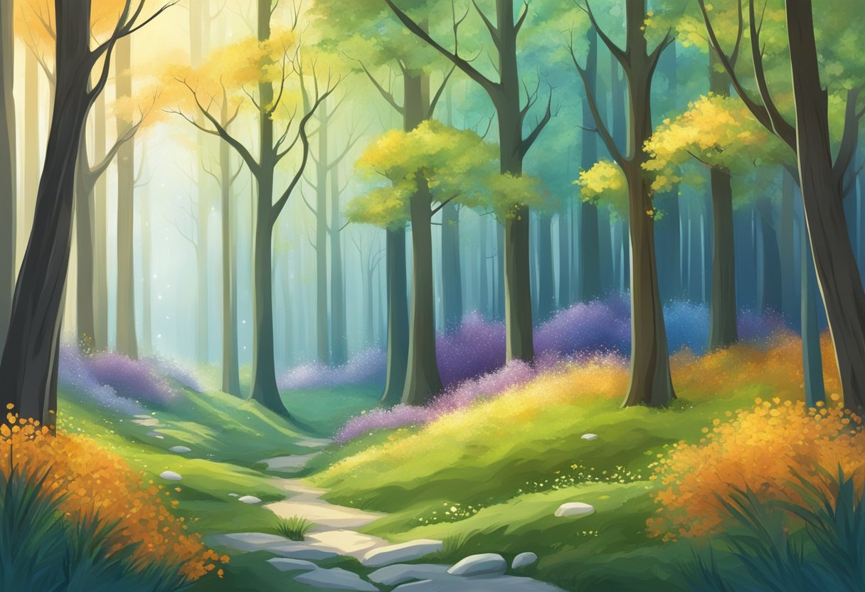 A serene forest with changing seasons, from vibrant spring to quiet winter, symbolizing the fluctuating nature of tinnitus