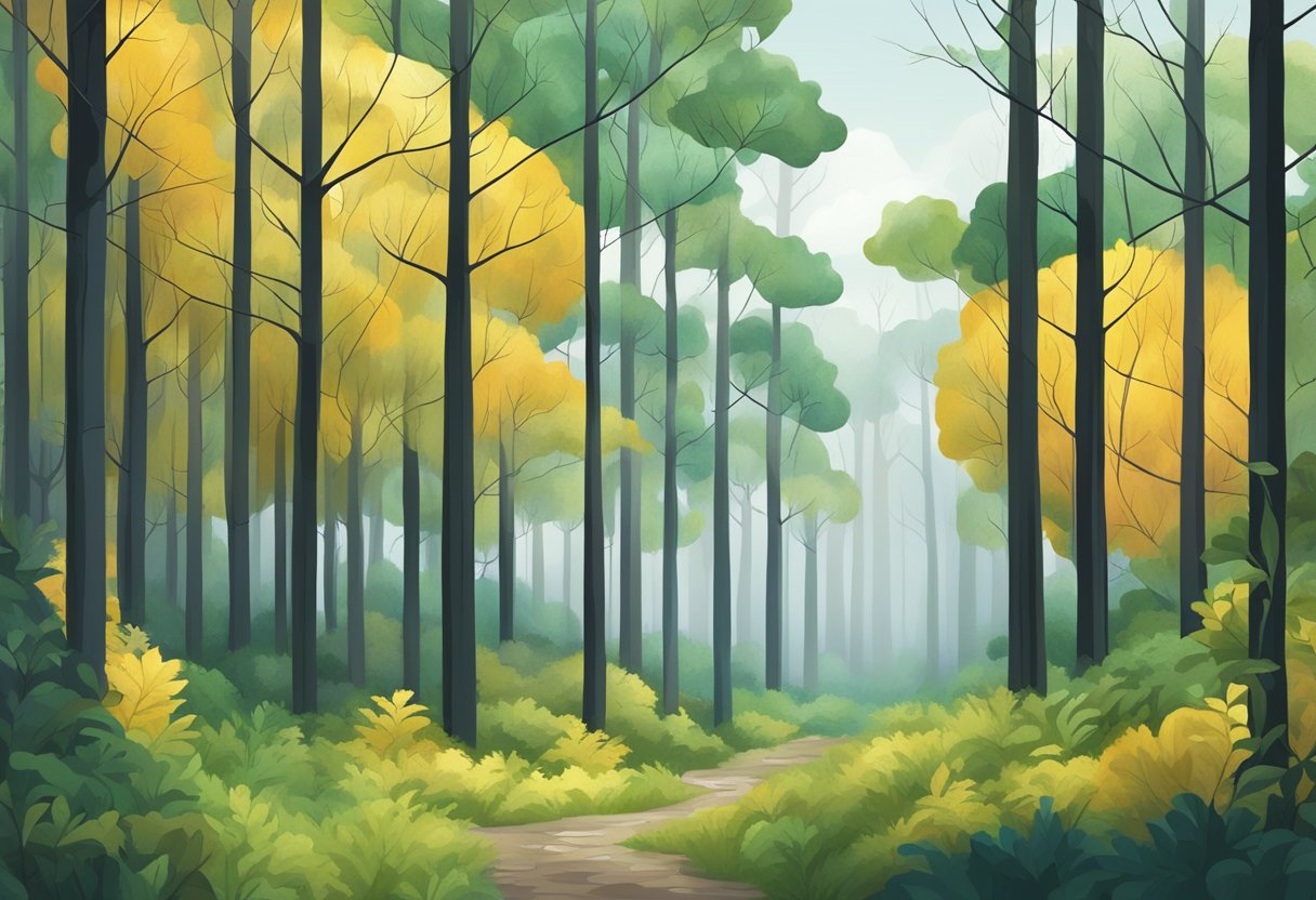 A peaceful forest with changing weather patterns, representing the fluctuating nature of tinnitus