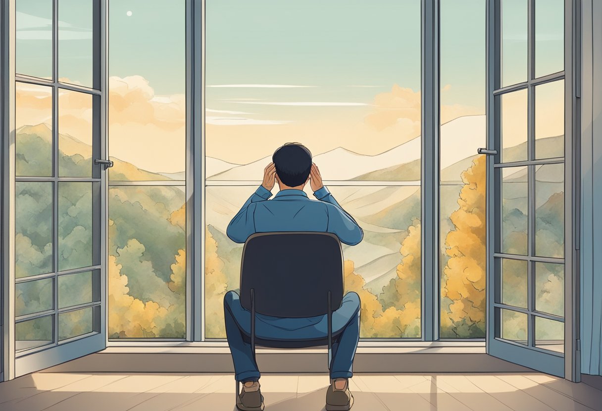 A person sitting in a quiet room, hands covering ears, with a pained expression on their face. Outside the window, a peaceful scene contrasts with the internal struggle