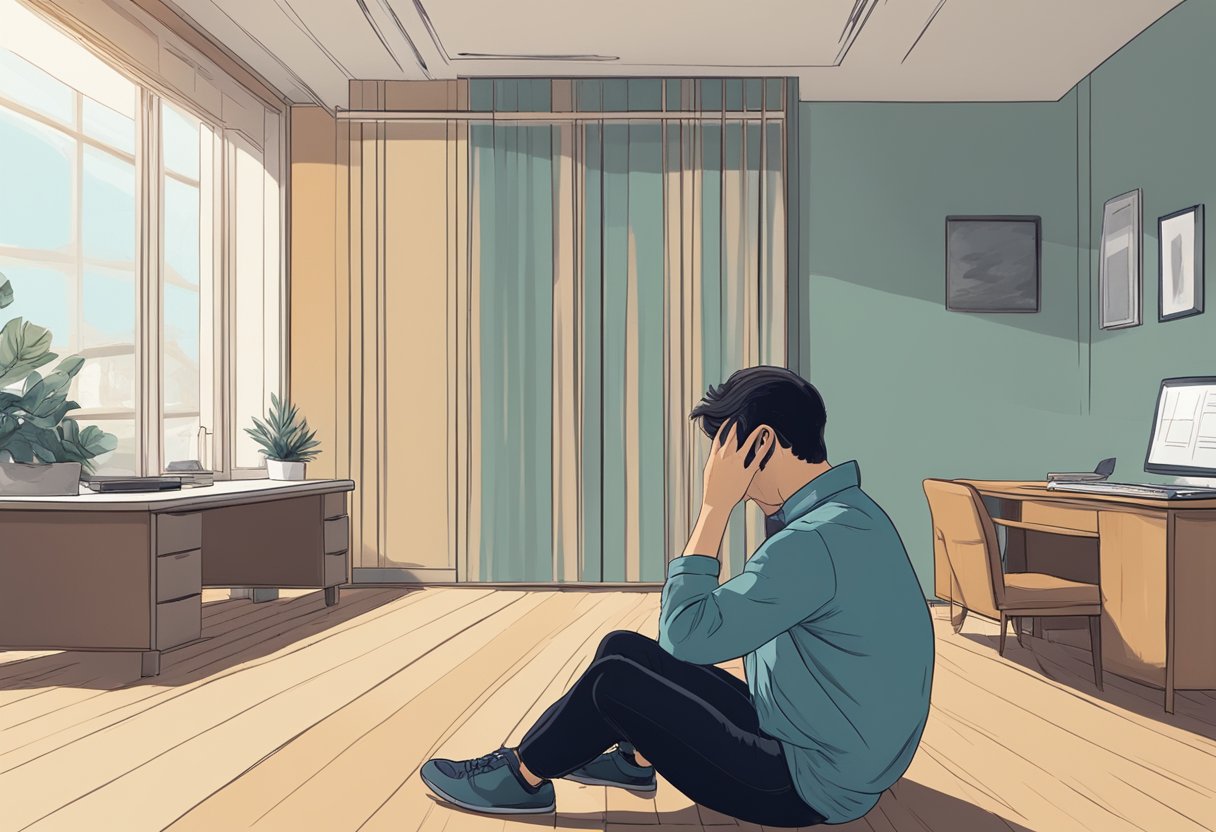 A person sitting in a quiet room, holding their head and looking distressed, with a subtle ringing sound depicted in the background