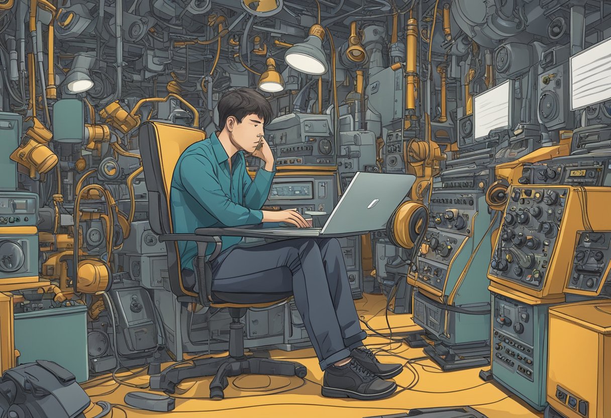 A person sitting in a noisy environment, surrounded by loud machinery and music, with a concerned expression on their face