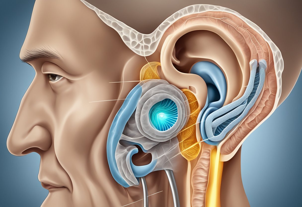 A detailed illustration of the inner ear, with focus on the cochlea and auditory nerve, showing the process of tinnitus development