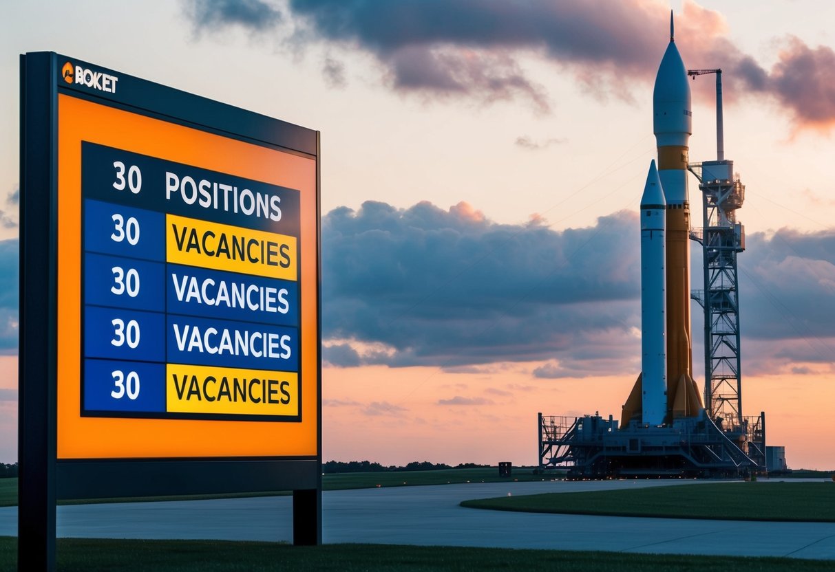 A rocket launching pad with multiple positions and 30 vacancies displayed on a digital board