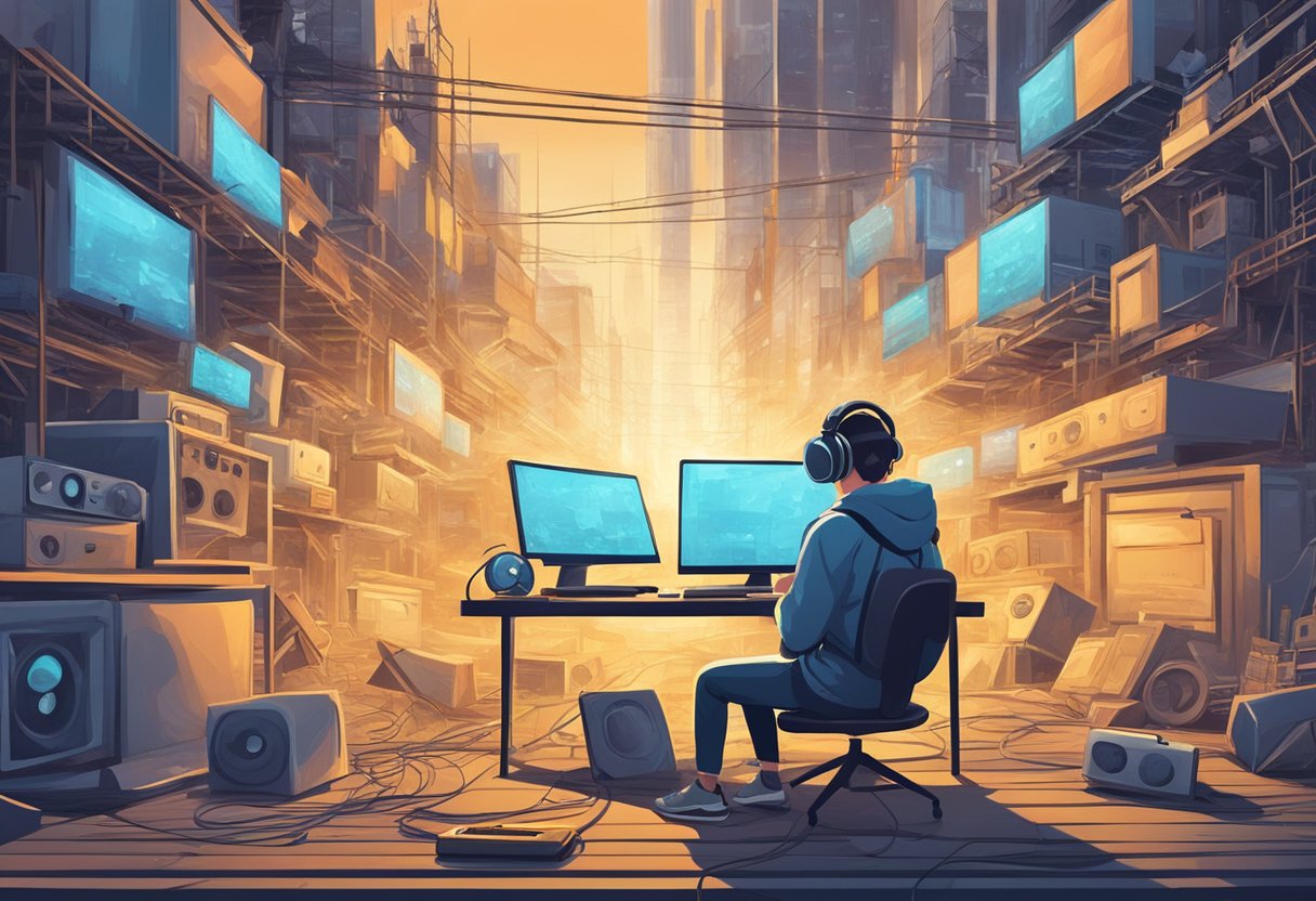 A person sitting in a noisy environment with loud music, construction noise, and traffic, surrounded by electronic devices and stress-inducing elements