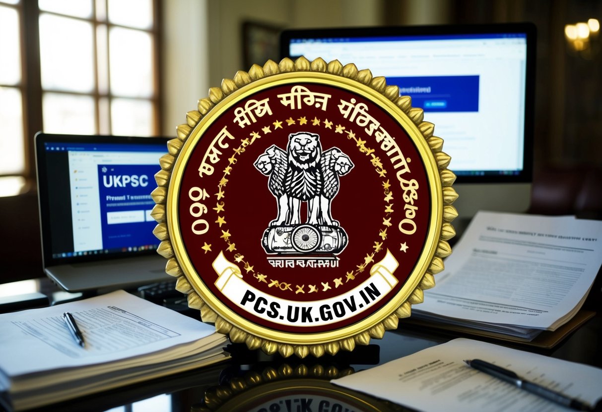 A regal-looking emblem of UKPSC with 99 vacancy symbols, surrounded by official documents and a computer screen showing the website pcs.uk.gov.in