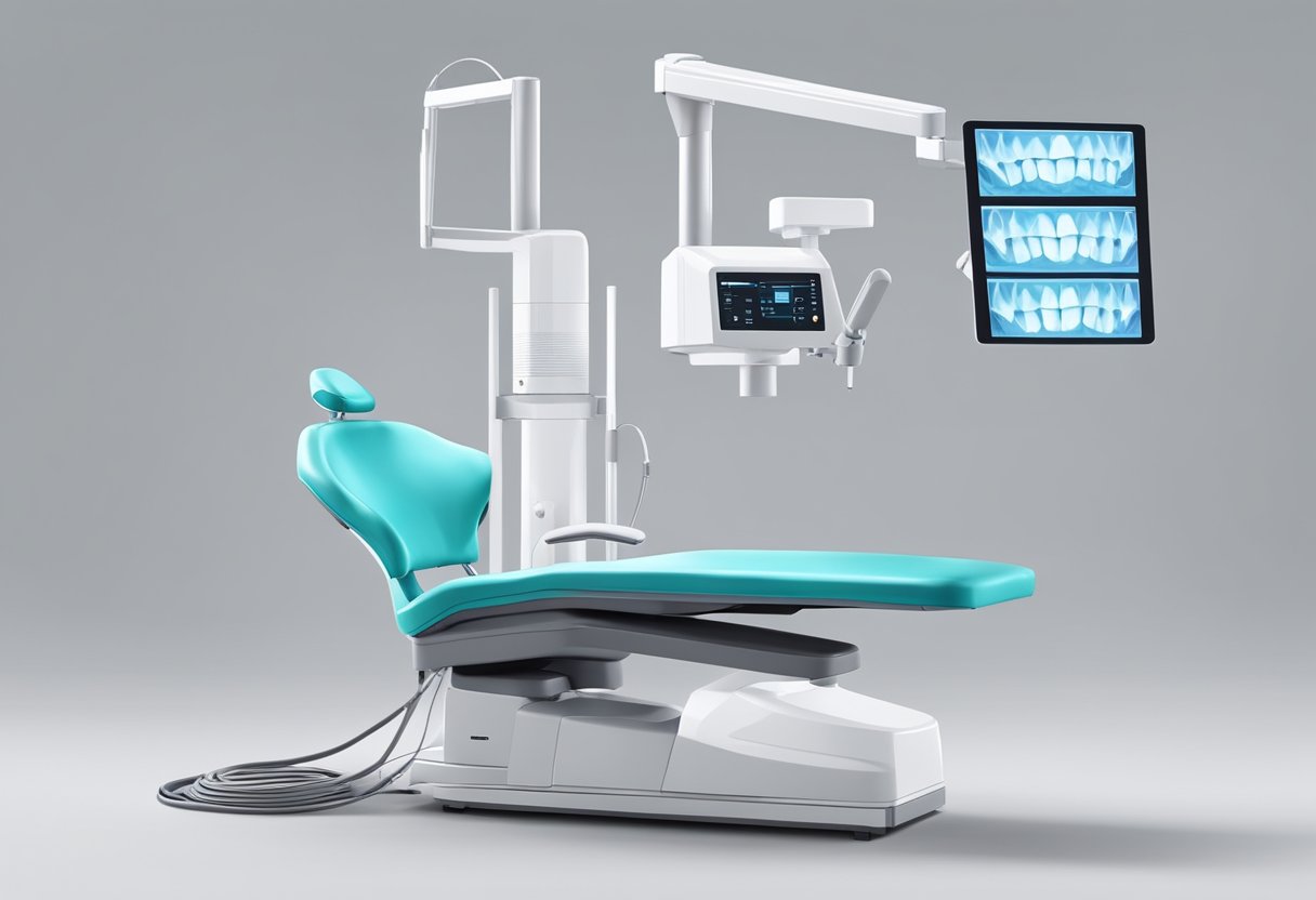 A dental x-ray machine with a lead apron and protective gear