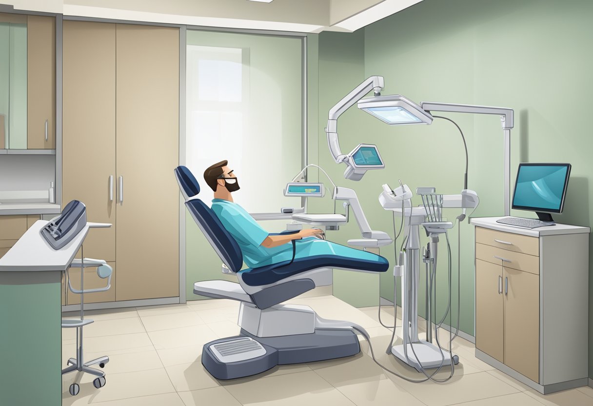 A dentist positioning a dental x-ray machine next to a patient's open mouth