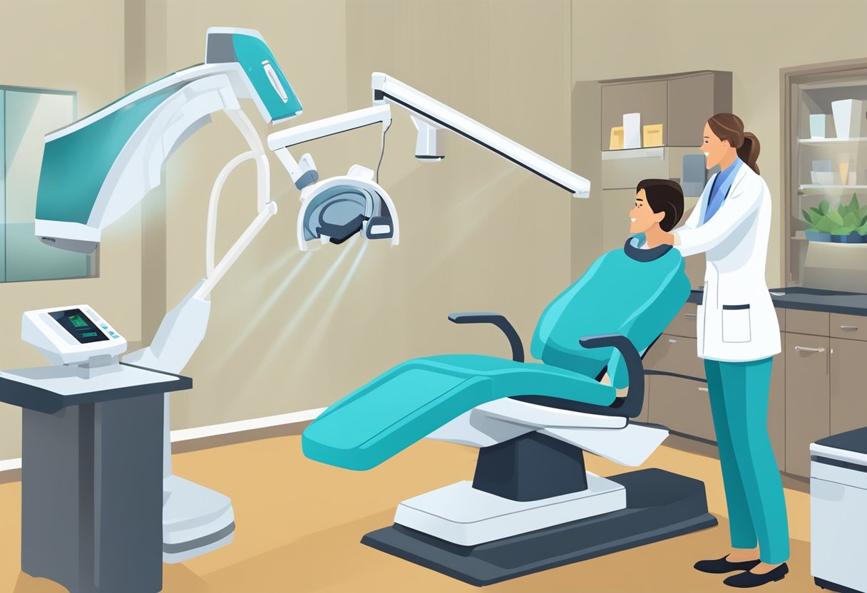 A dental professional positioning a patient and operating an x-ray machine in a well-lit dental office