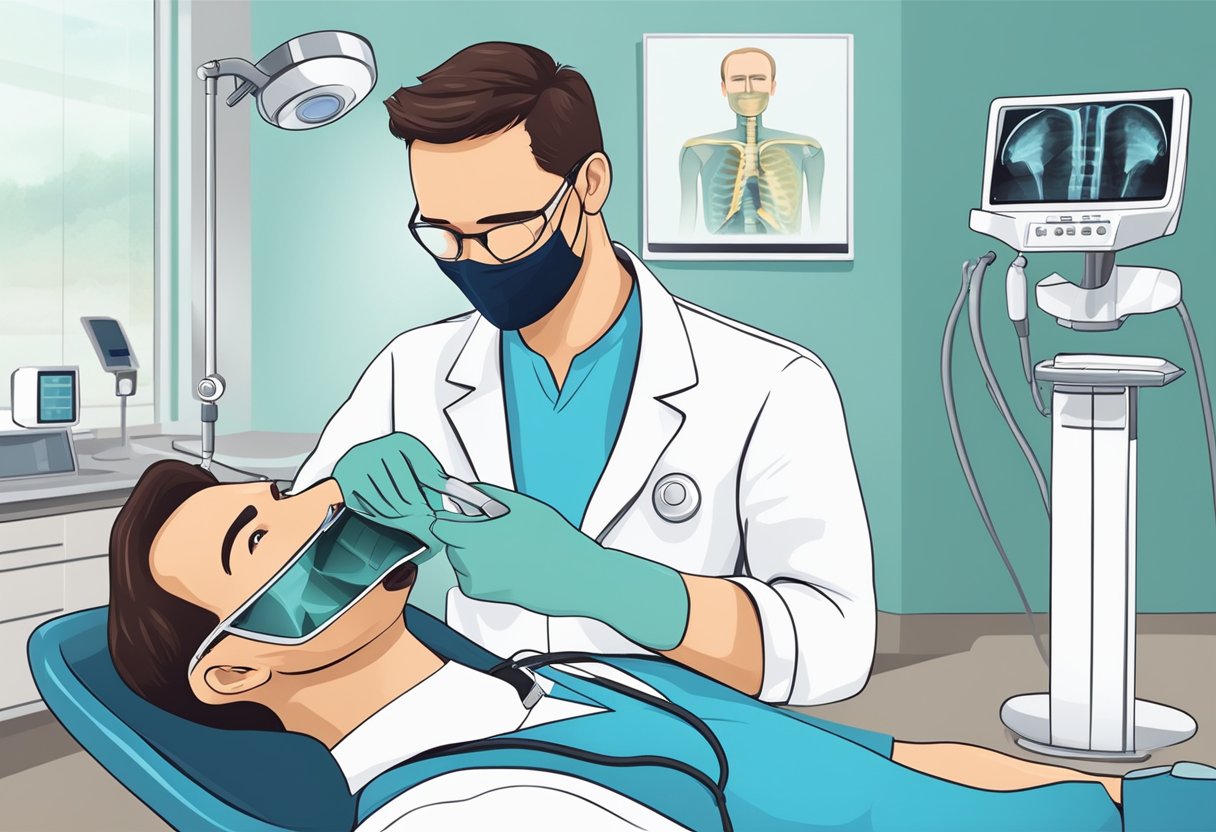 A dentist examining a patient's mouth with a dental x-ray machine