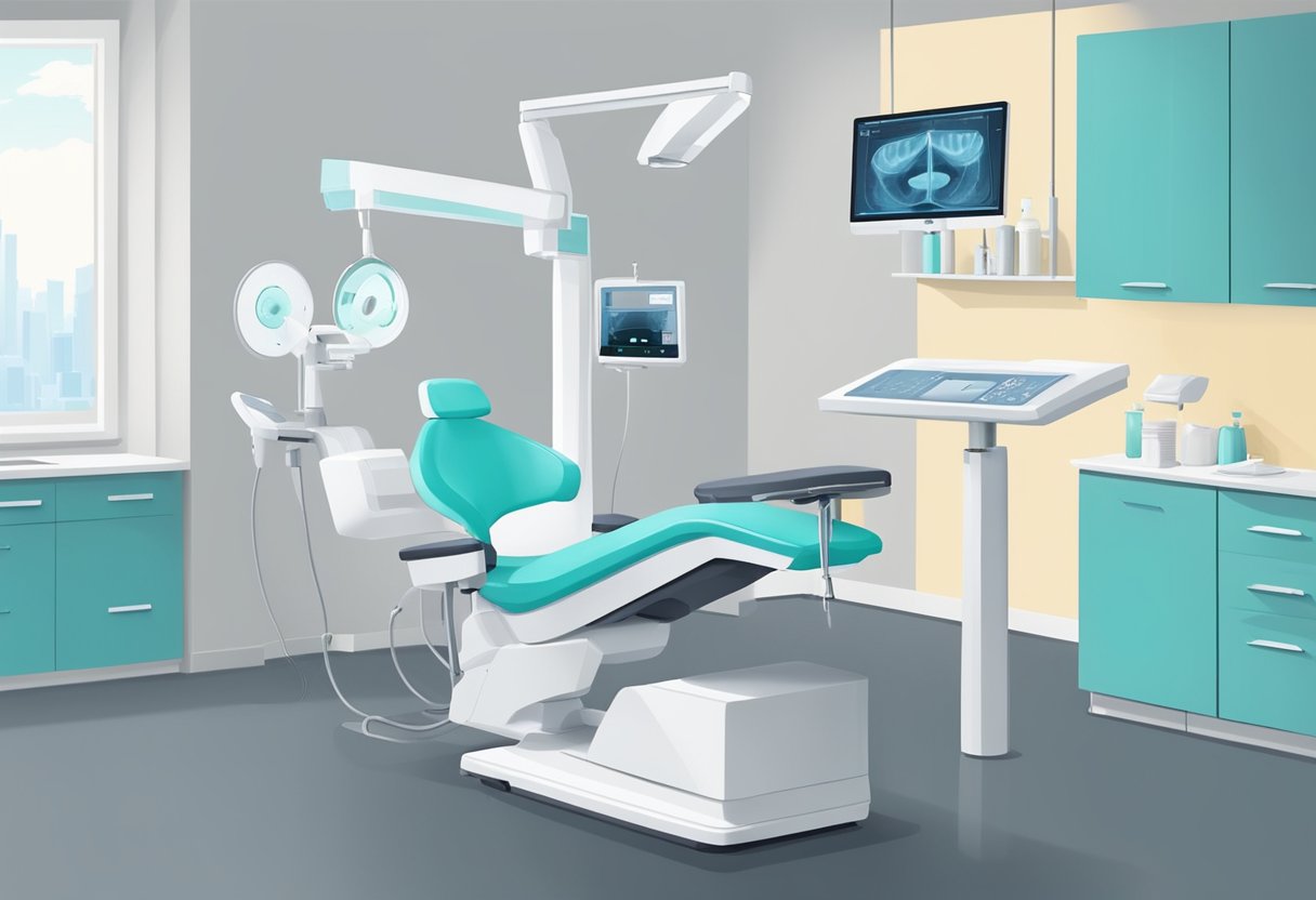 A dentist operating a dental x-ray machine in a modern clinic setting