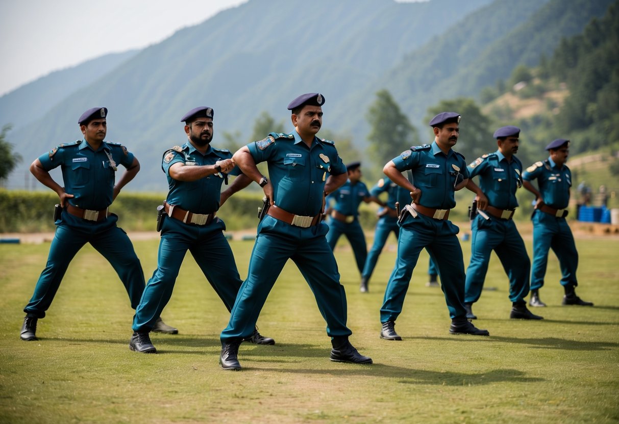 A group of police constables in Himachal Pradesh undergoing physical training at a training ground