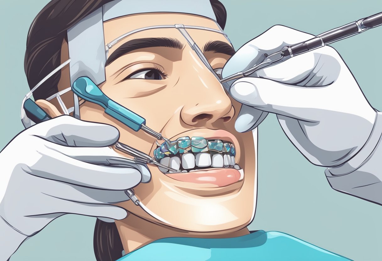 A close-up of dental braces being adjusted by a dentist using specialized tools