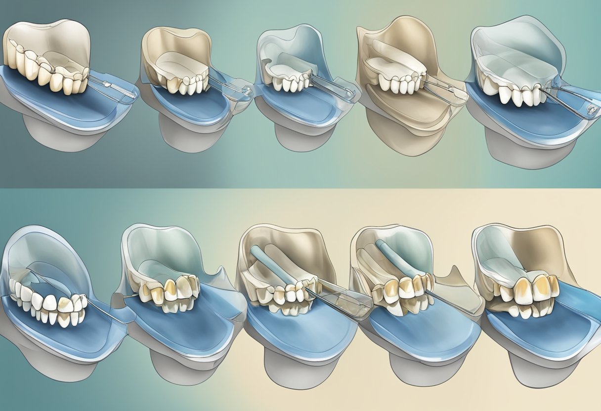 A series of dental impressions, X-rays, and braces being applied to teeth over time, gradually shifting their alignment