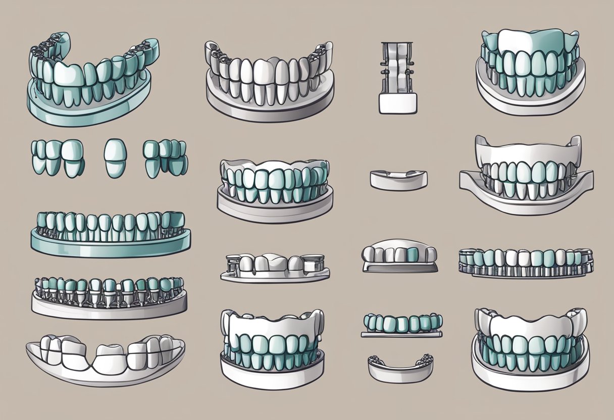 A series of dental braces in various sizes and styles, displayed against a backdrop of different types of malocclusions