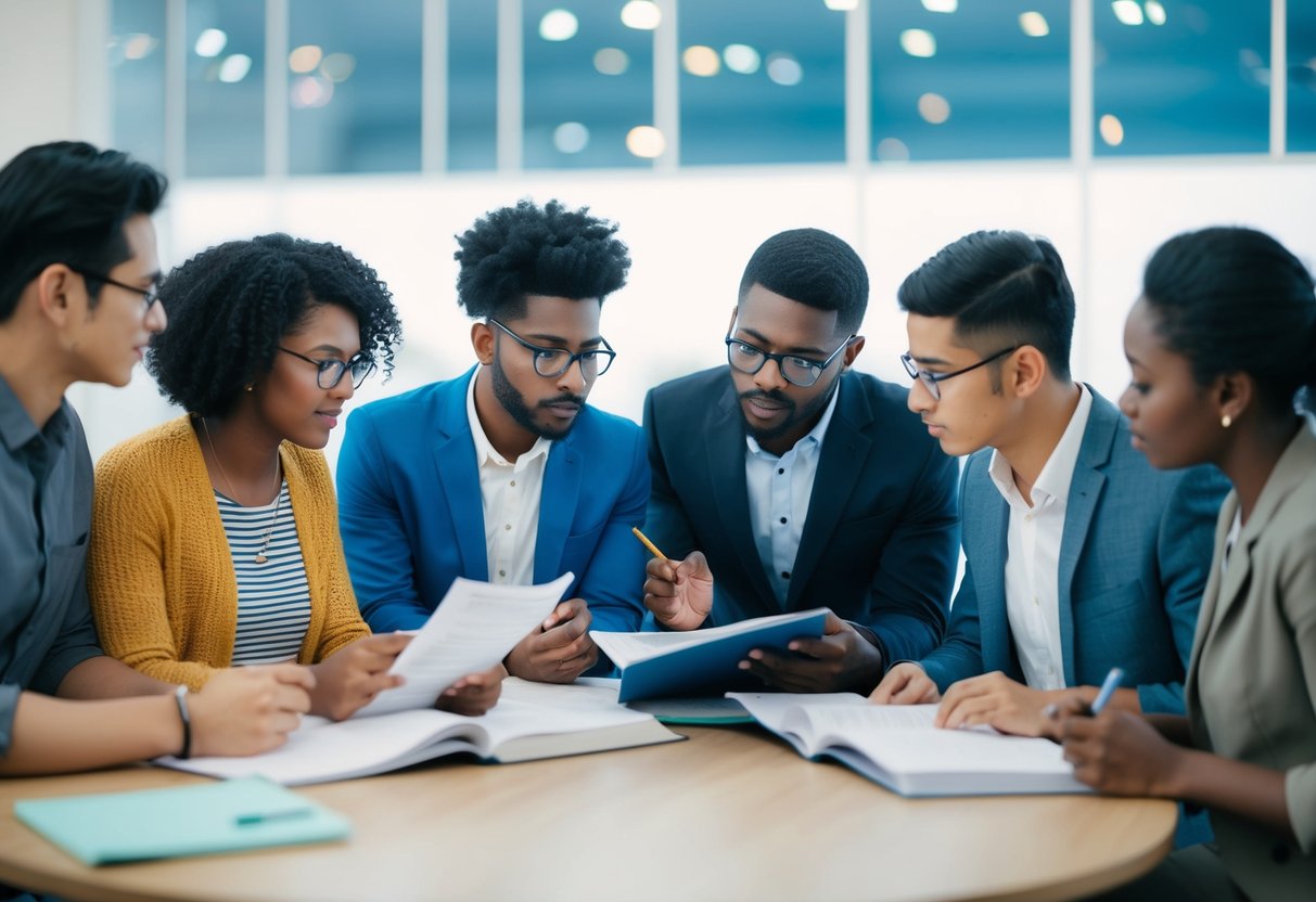 A group of diverse individuals studying and discussing educational qualifications and age criteria for RRB NTPC UG eligibility in 2024