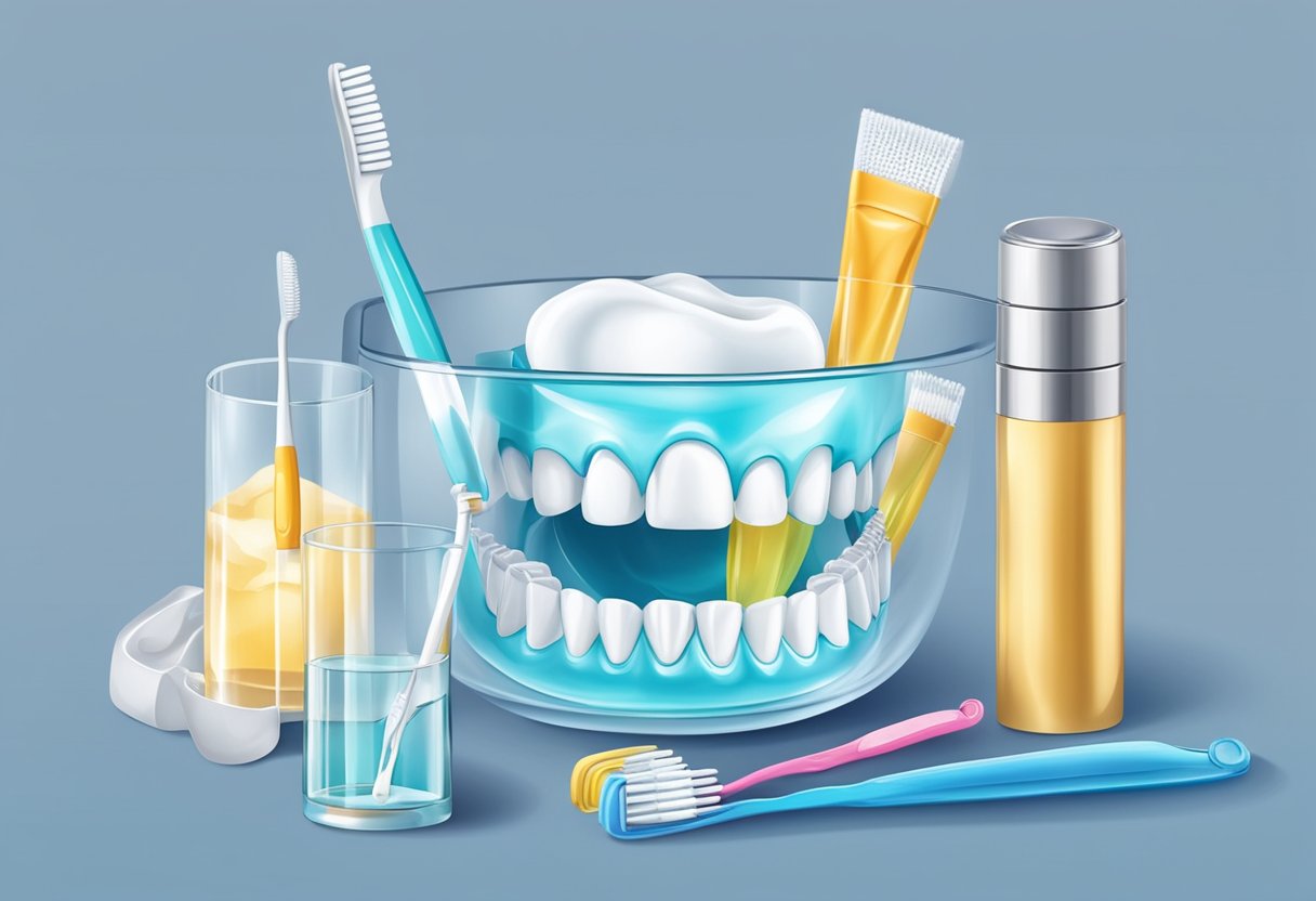 A close-up of dental braces being cleaned with a toothbrush and floss, alongside a tube of toothpaste and a glass of water