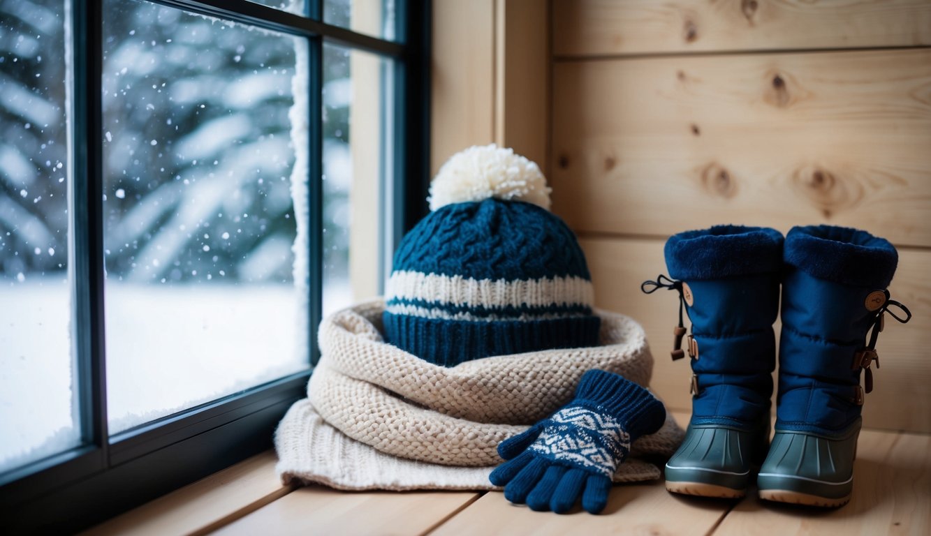 A cozy winter outfit laid out with a warm scarf, hat, gloves, and boots next to a snowy window