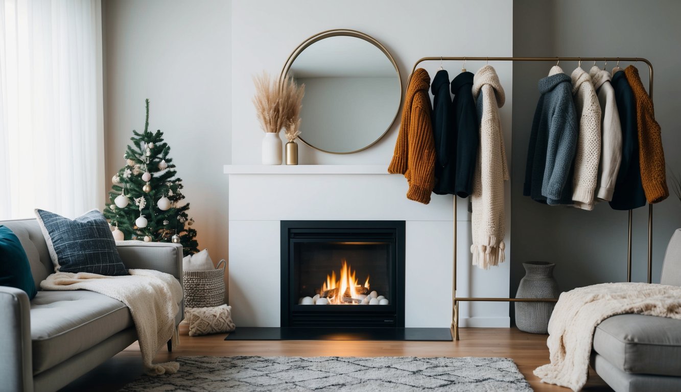 A cozy living room with a modern fireplace, soft blankets, and stylish winter clothing neatly hung on a decorative rack