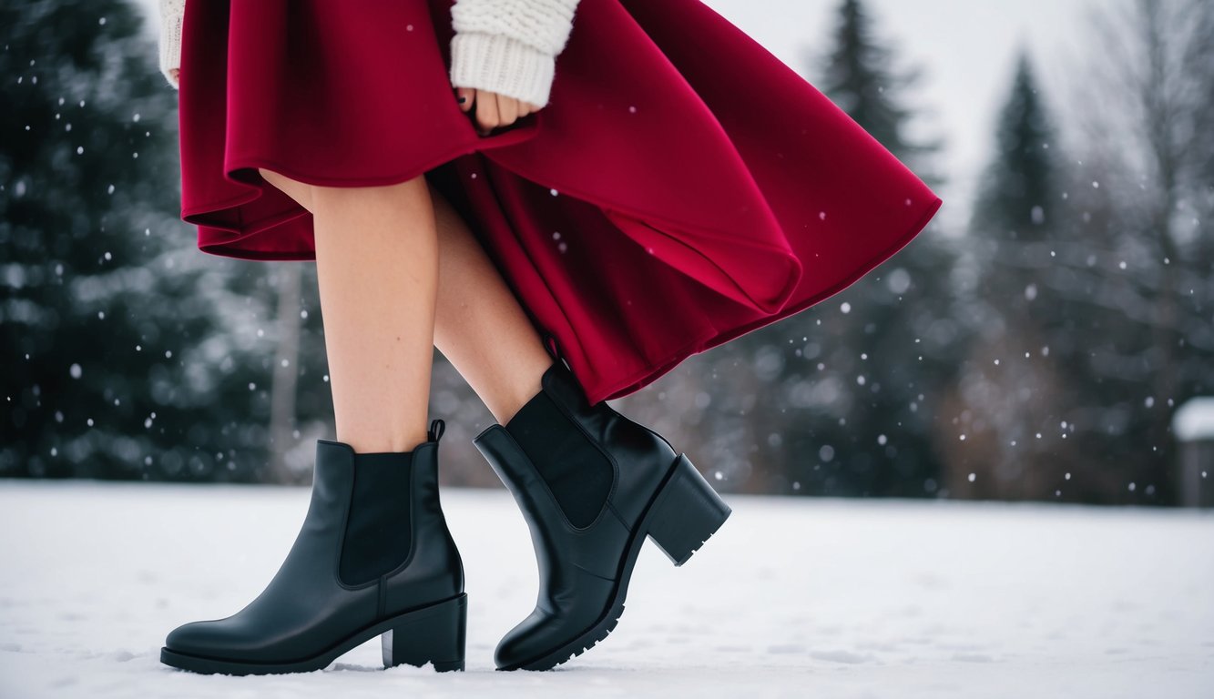 A woman's black ankle boots paired with a flowing red skirt and a cozy white sweater, set against a snowy backdrop