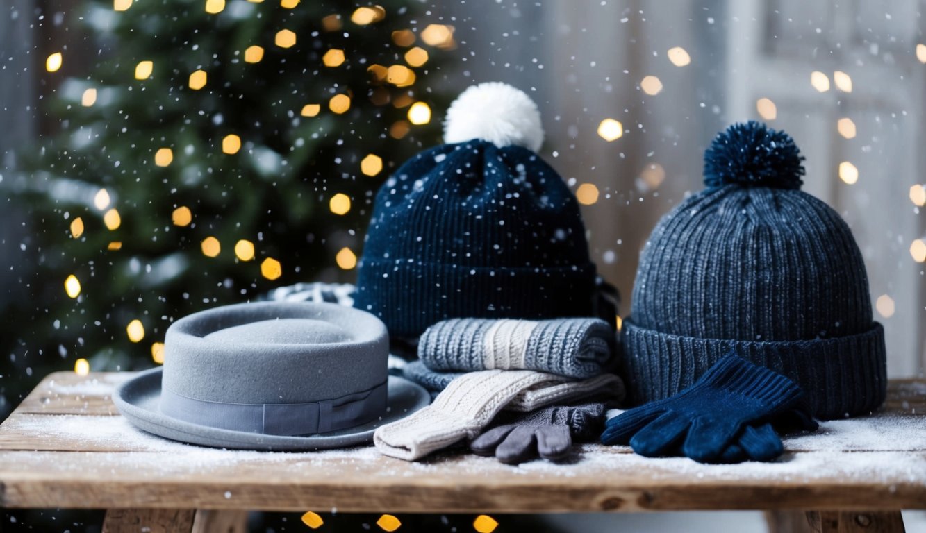 A cozy winter scene with stylish hats, scarves, and gloves displayed on a rustic wooden table. Snowflakes fall gently in the background