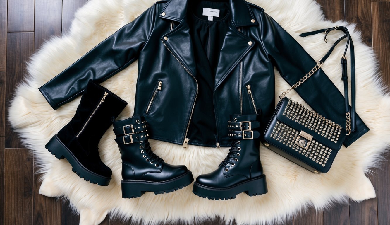 A sleek, edgy winter outfit laid out on a fur rug with chunky boots, a leather jacket, and statement accessories like bold sunglasses and a studded handbag