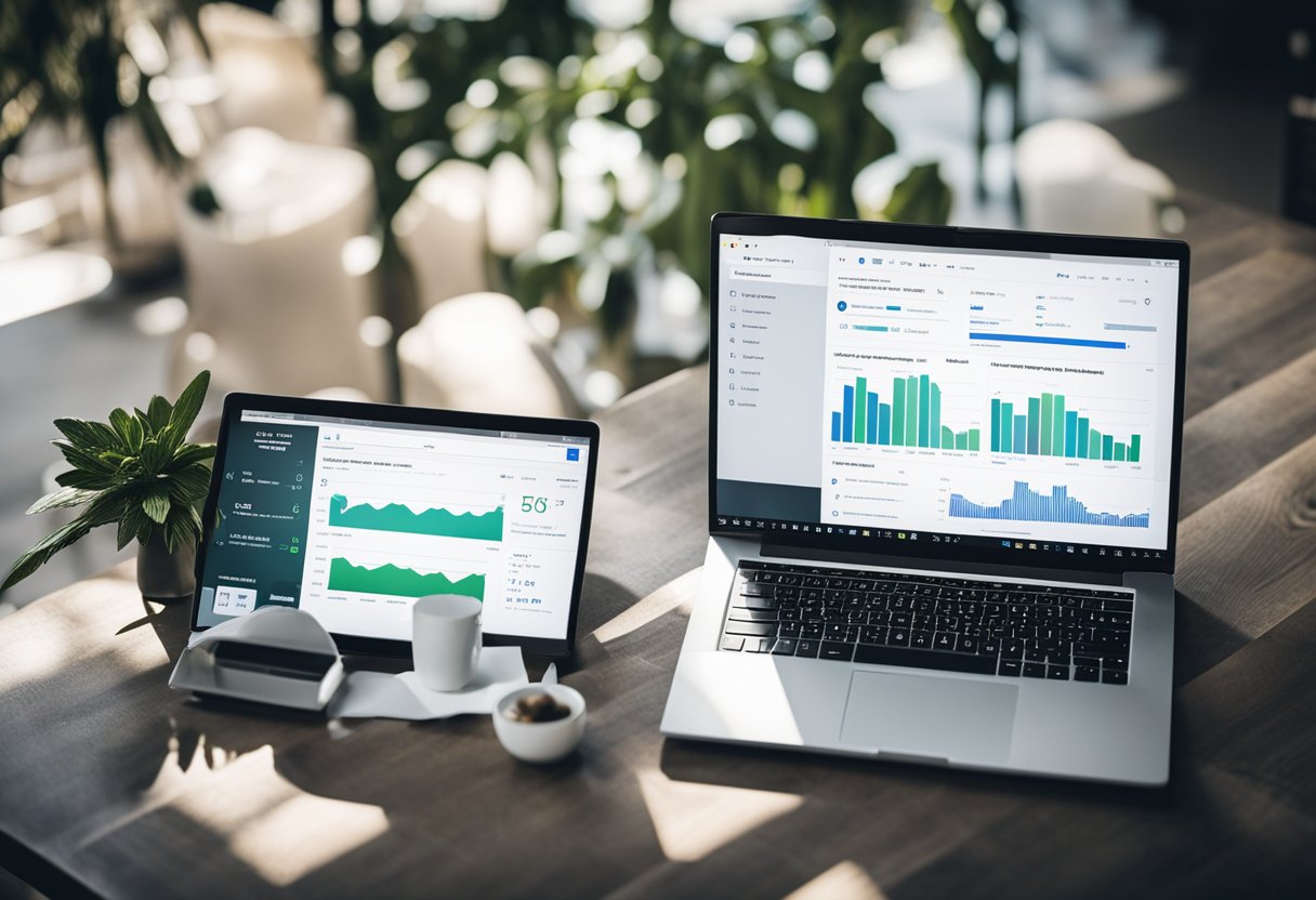 A laptop open to a Google Ads script dashboard, with charts and graphs displayed on the screen