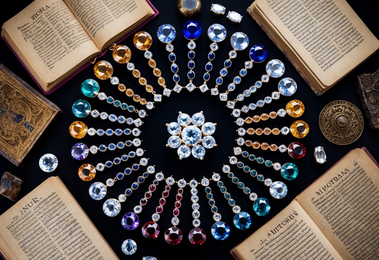 A collection of gemstones arranged in a circular pattern, each representing a different birth month, surrounded by ancient texts and historical artifacts