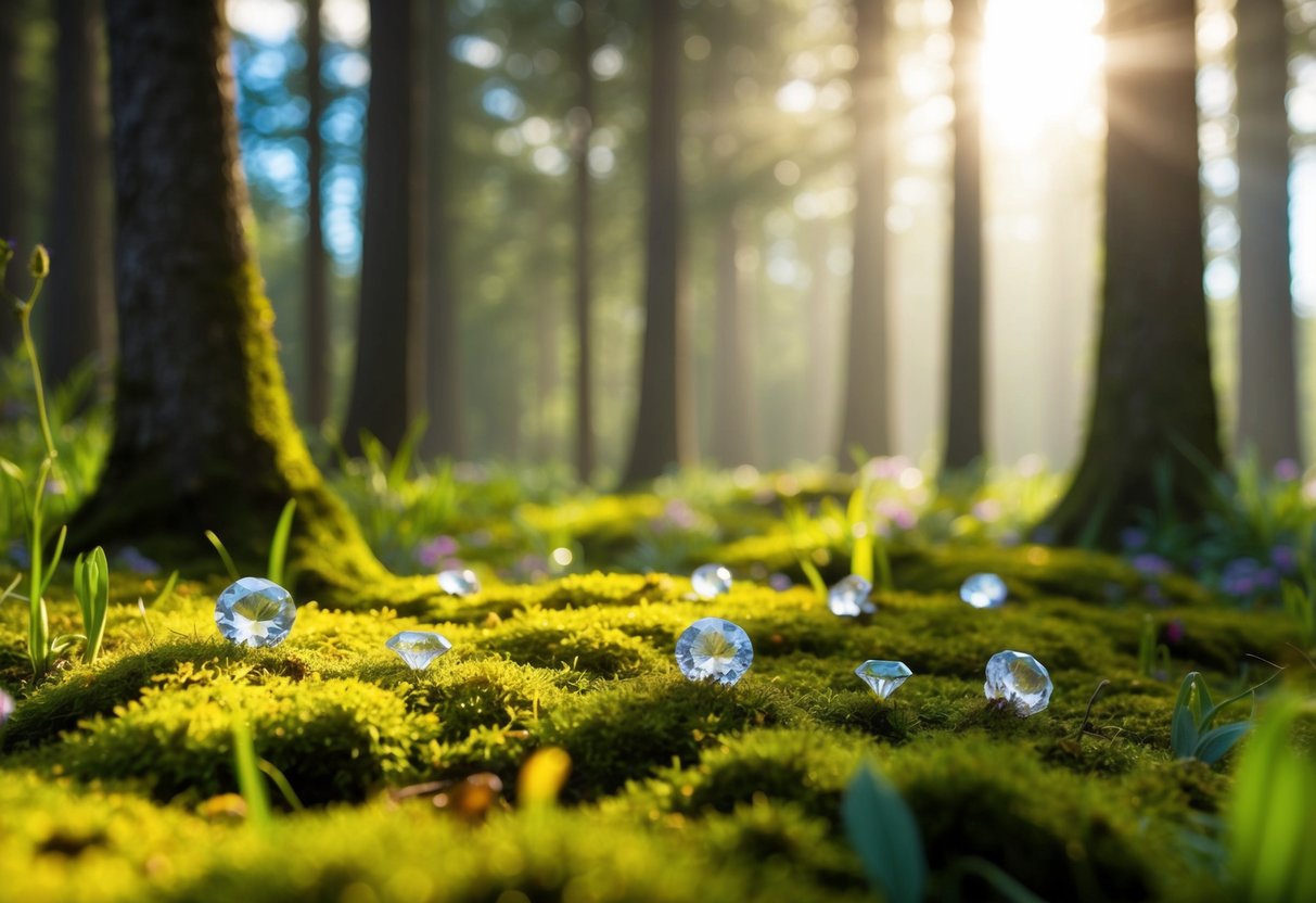 A serene forest glade, sunlight filtering through the trees, with sparkling birthstones scattered among the moss and wildflowers