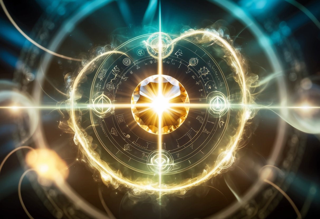A glowing gemstone surrounded by swirling energy and ancient symbols, emanating a sense of mystery and healing power