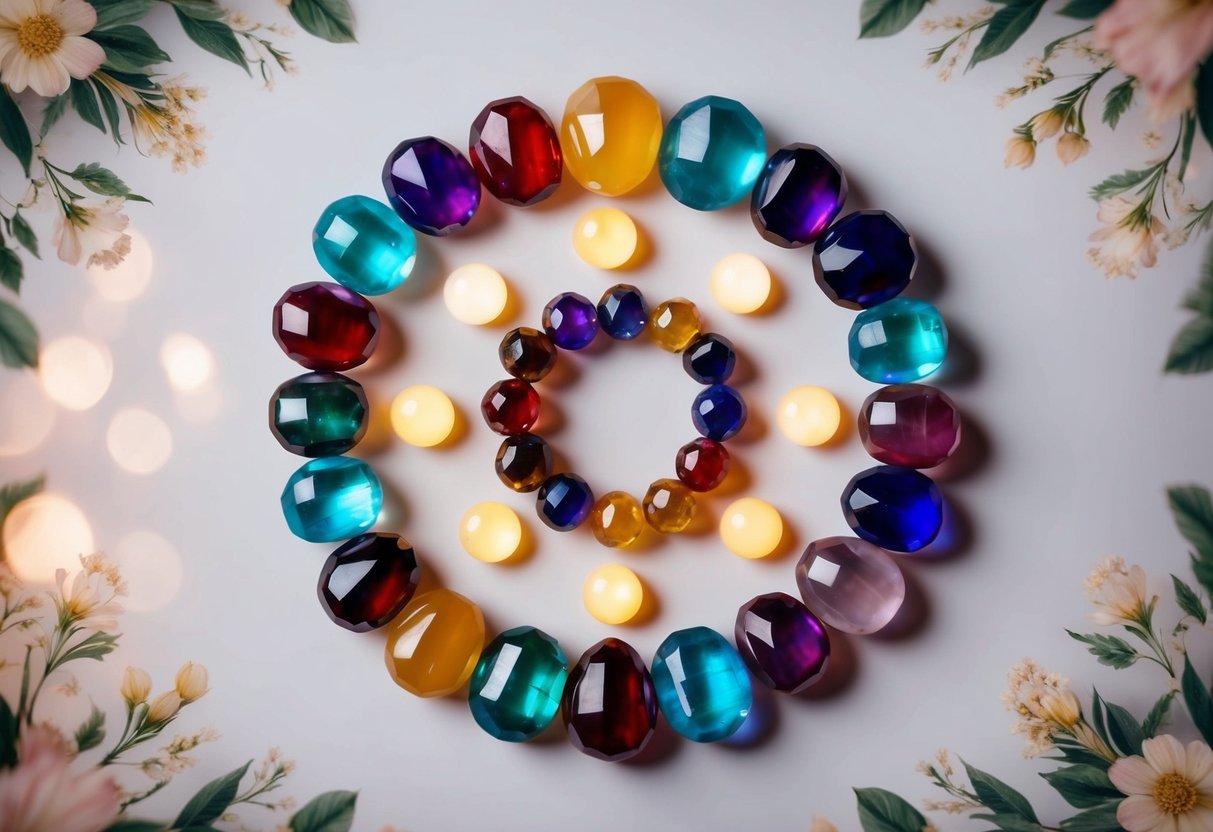 A collection of birthstones arranged in a circular pattern, each stone emitting a soft glow and surrounded by delicate floral illustrations