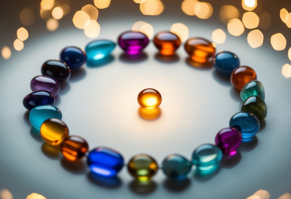 A collection of birthstones arranged in a circle, each emitting a soft glow with a sense of serenity and healing energy
