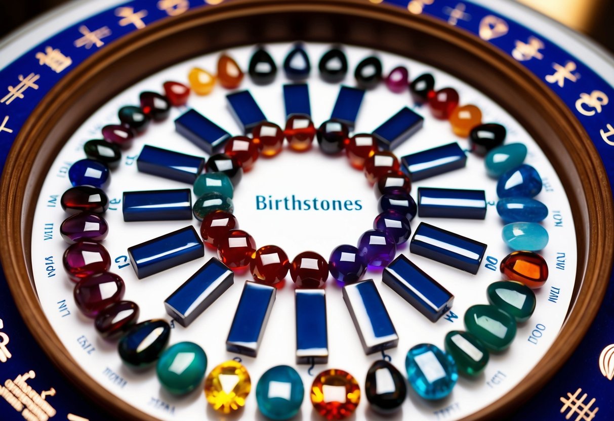 A display of birthstones arranged in a circular pattern, with each stone labeled and surrounded by symbols representing their cultural and personal significance