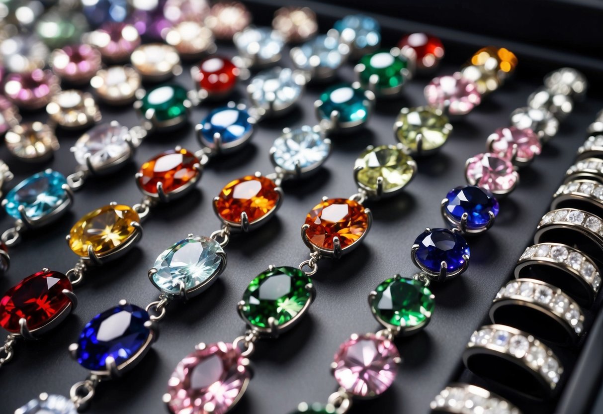 A sparkling display of birthstone jewelry arranged by month, each piece reflecting the unique healing properties associated with its corresponding gemstone