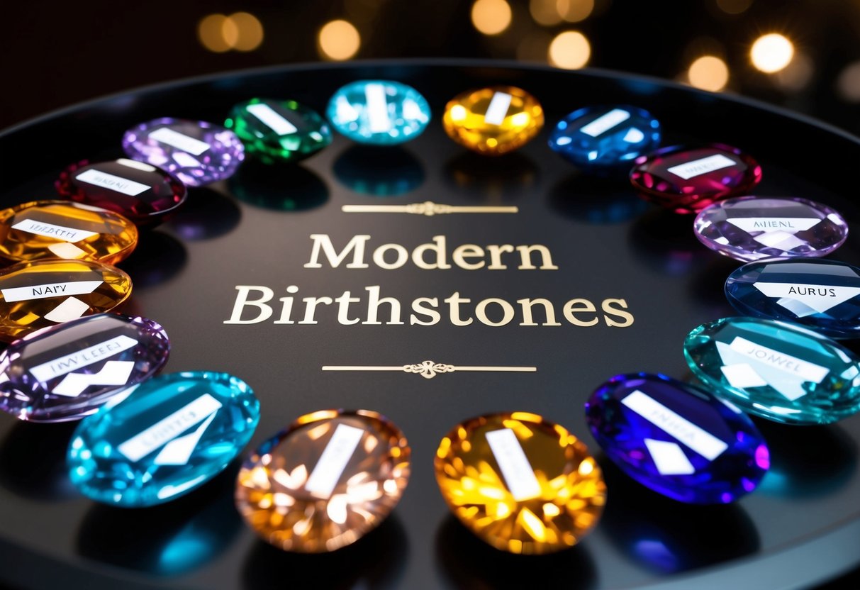 A display of modern birthstones arranged in a circular pattern, each stone labeled with its corresponding month. The stones are set against a dark background, with soft lighting highlighting their vibrant colors