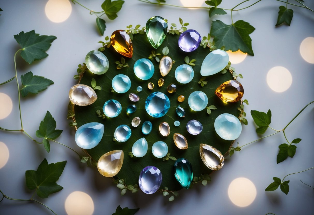 A collection of birthstones arranged in a circular pattern, each stone emitting a soft glow, surrounded by delicate vines and leaves