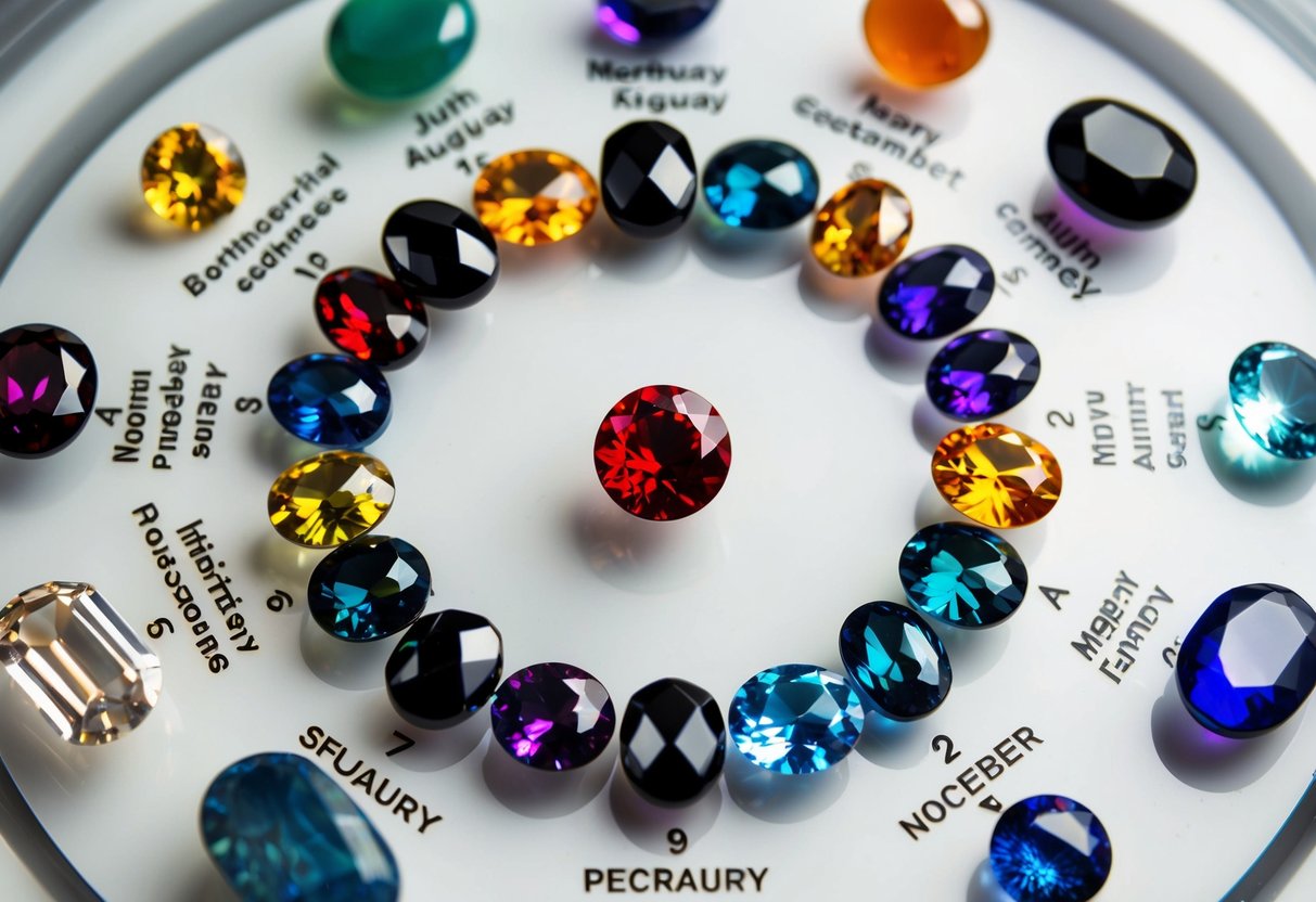 A collection of birthstones arranged in a circular pattern, with each stone labeled with its corresponding month and historical significance