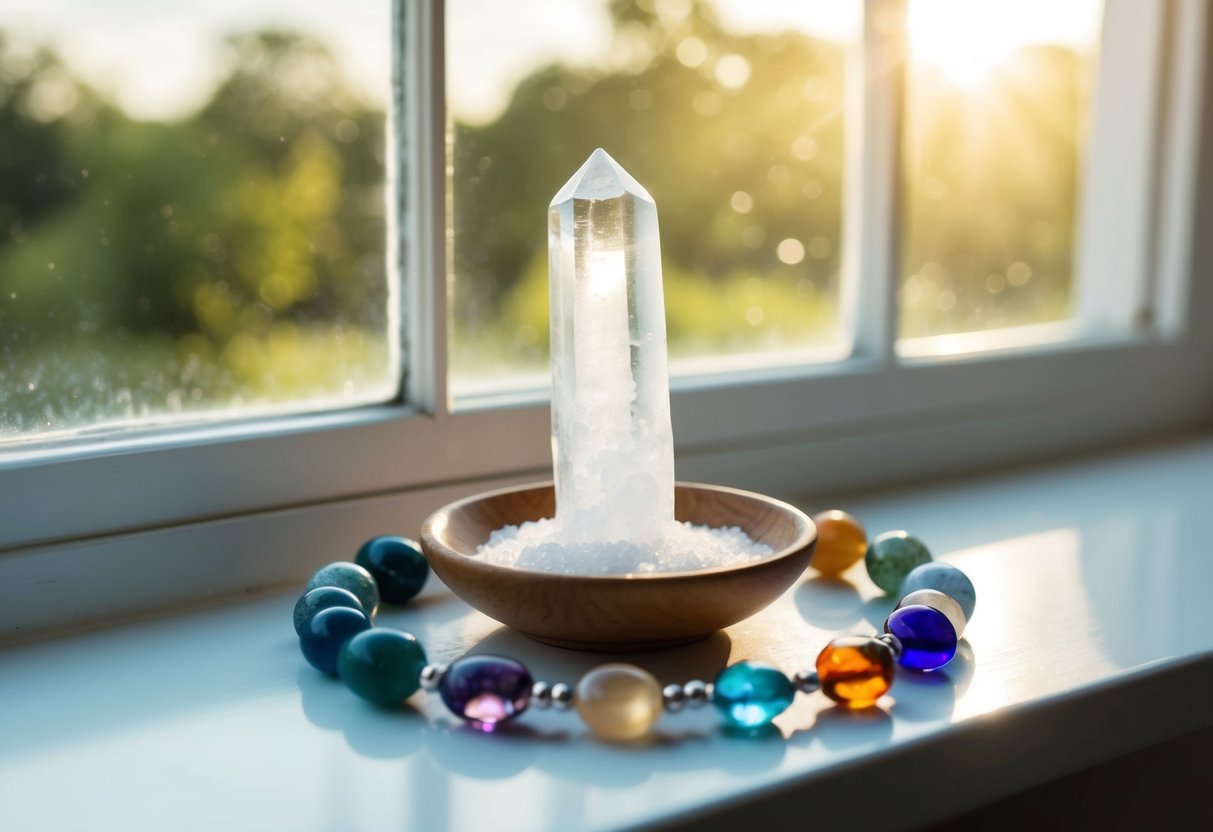A small dish of sea salt and a clear quartz crystal sit on a windowsill bathed in sunlight, surrounded by a circle of various birthstones