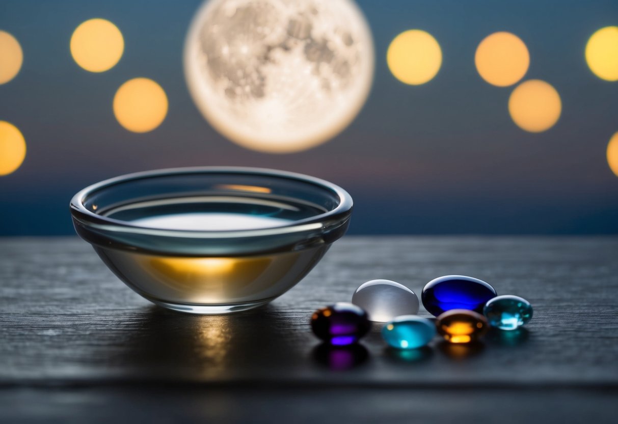 A small dish with water and salt sits next to a collection of birthstones under the glow of a full moon