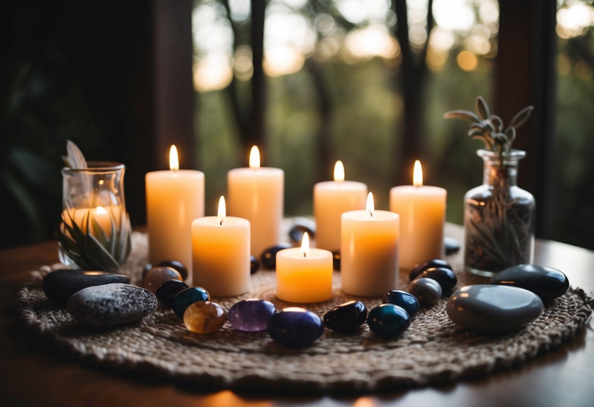 A serene, candlelit altar adorned with birthstones, surrounded by smoky quartz and sage, as intention is infused into each stone