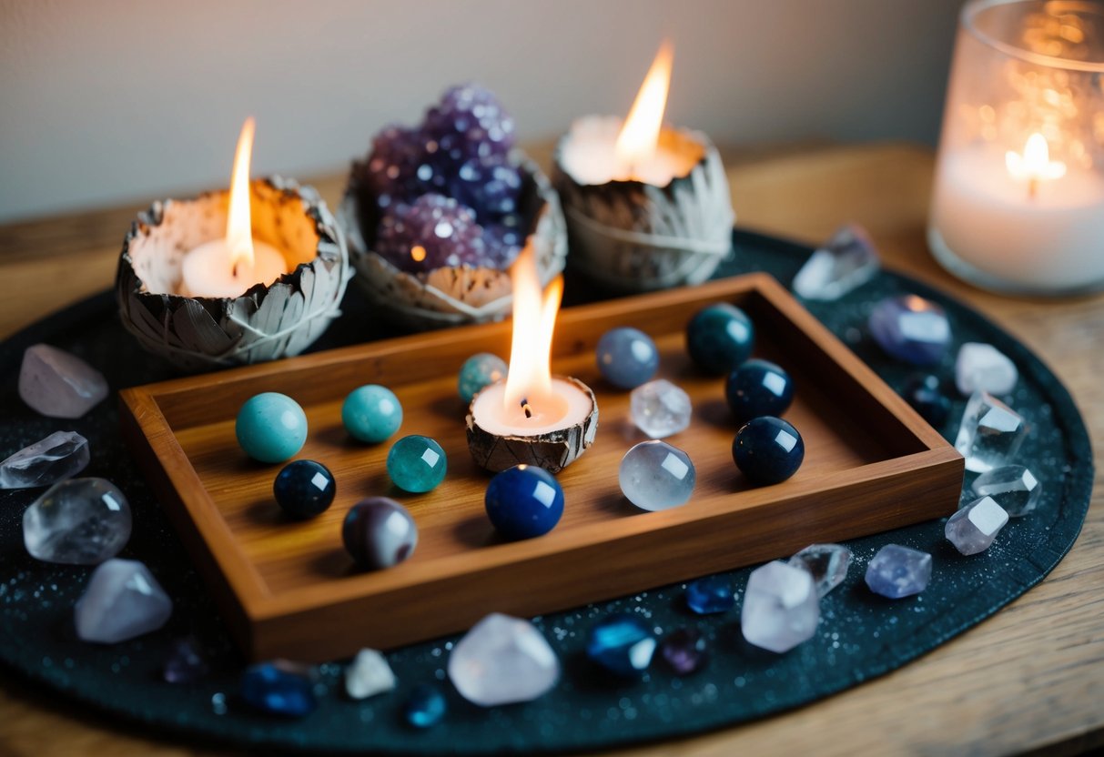 A collection of birthstones arranged on a wooden tray, surrounded by burning sage and a crystal cluster, with a soft light illuminating the scene