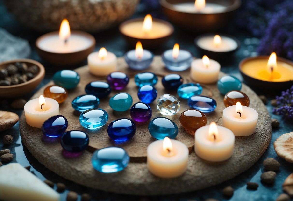 A collection of birthstones arranged on a natural surface, surrounded by cleansing and charging materials such as water, incense, and candles