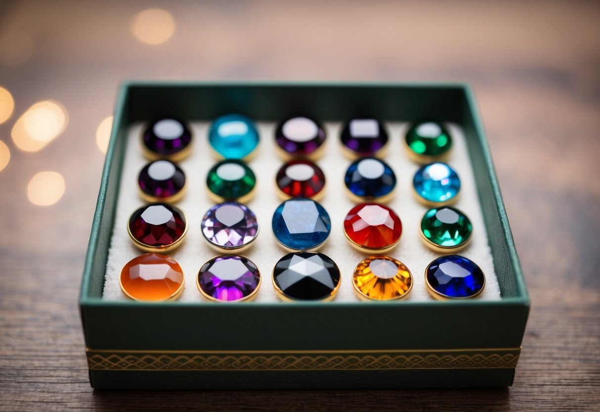 A collection of birthstones arranged in a decorative box, with each stone representing a different month and occasion