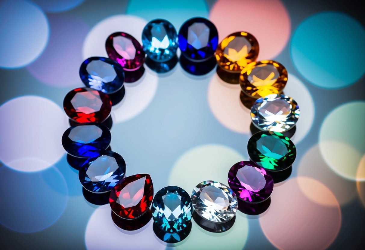 A collection of birthstones arranged in a circular pattern, each stone representing a different month and its unique significance