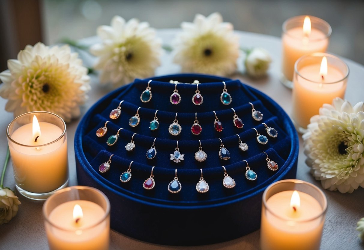 A collection of birthstone jewelry arranged on a velvet display, surrounded by delicate flowers and soft candlelight