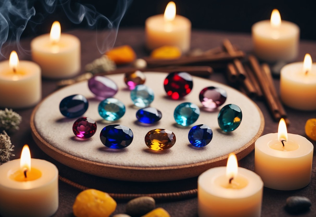 A serene scene with various birthstones arranged on a soft, earthy surface surrounded by flickering candles and fragrant incense