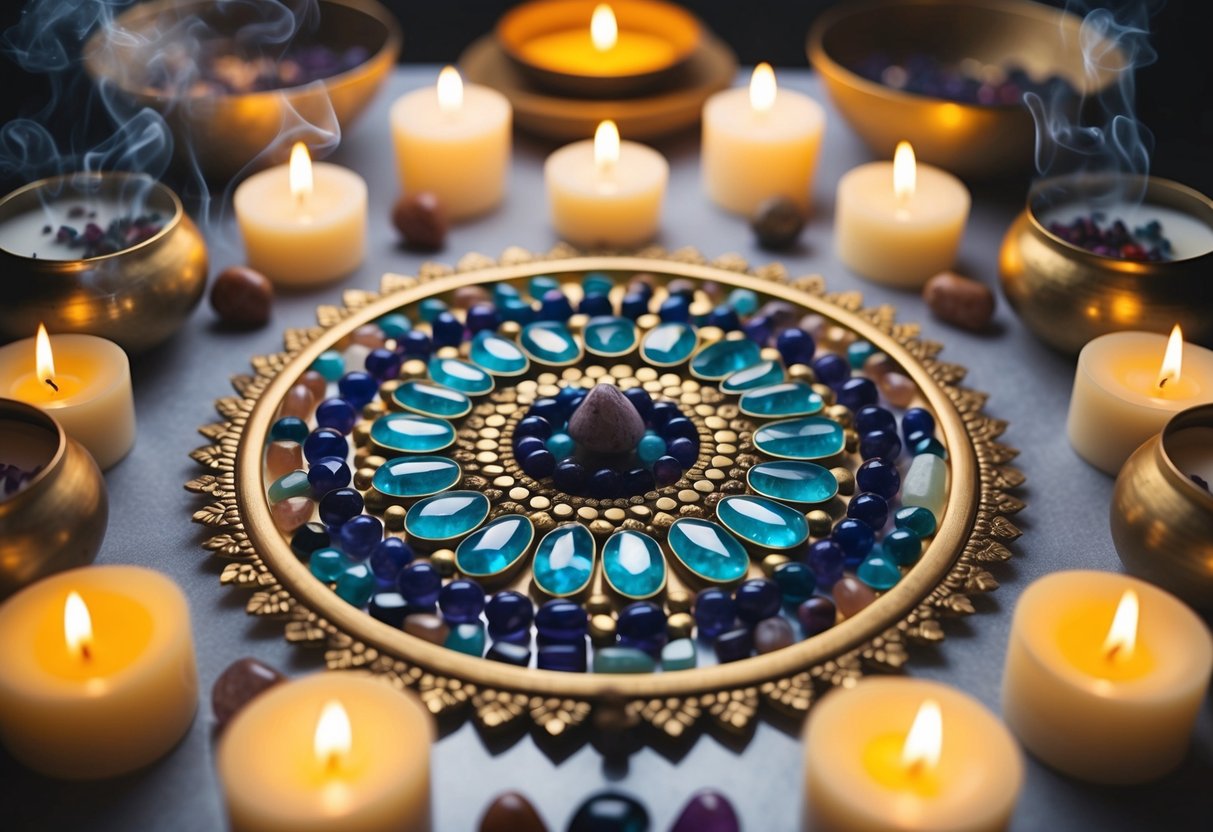 A serene meditation space with birthstones arranged in a mandala pattern, surrounded by candles and incense, creating a peaceful and spiritual atmosphere